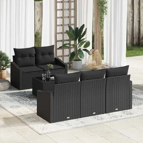 Ensemble de Canapés avec coussin 6 pcs Noir polyrotin
