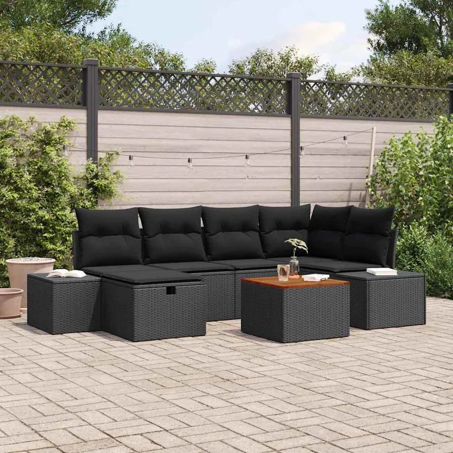 Ensemble de canapé de jardin avec coussin 7 pcs Noir polyrotin