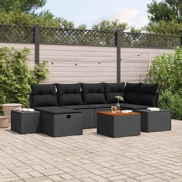 Ensemble de canapé de jardin avec coussin 7 pcs Noir polyrotin