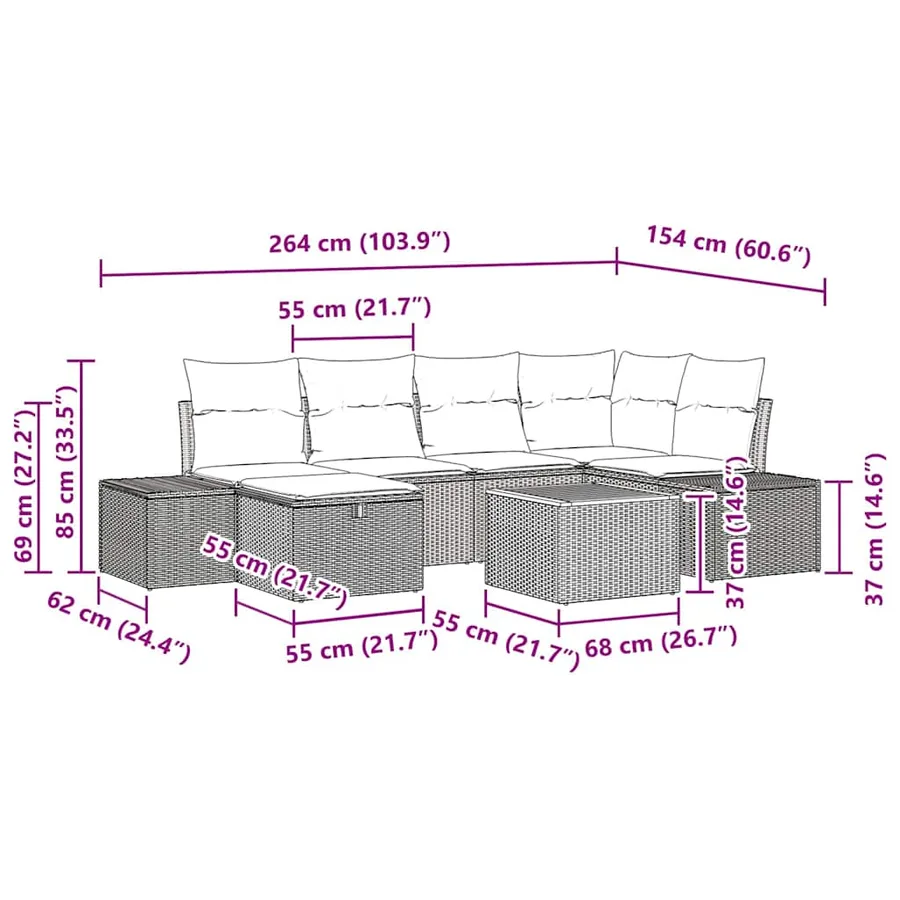 Ensemble de canapé de jardin avec coussin 7 pcs Noir polyrotin - 11