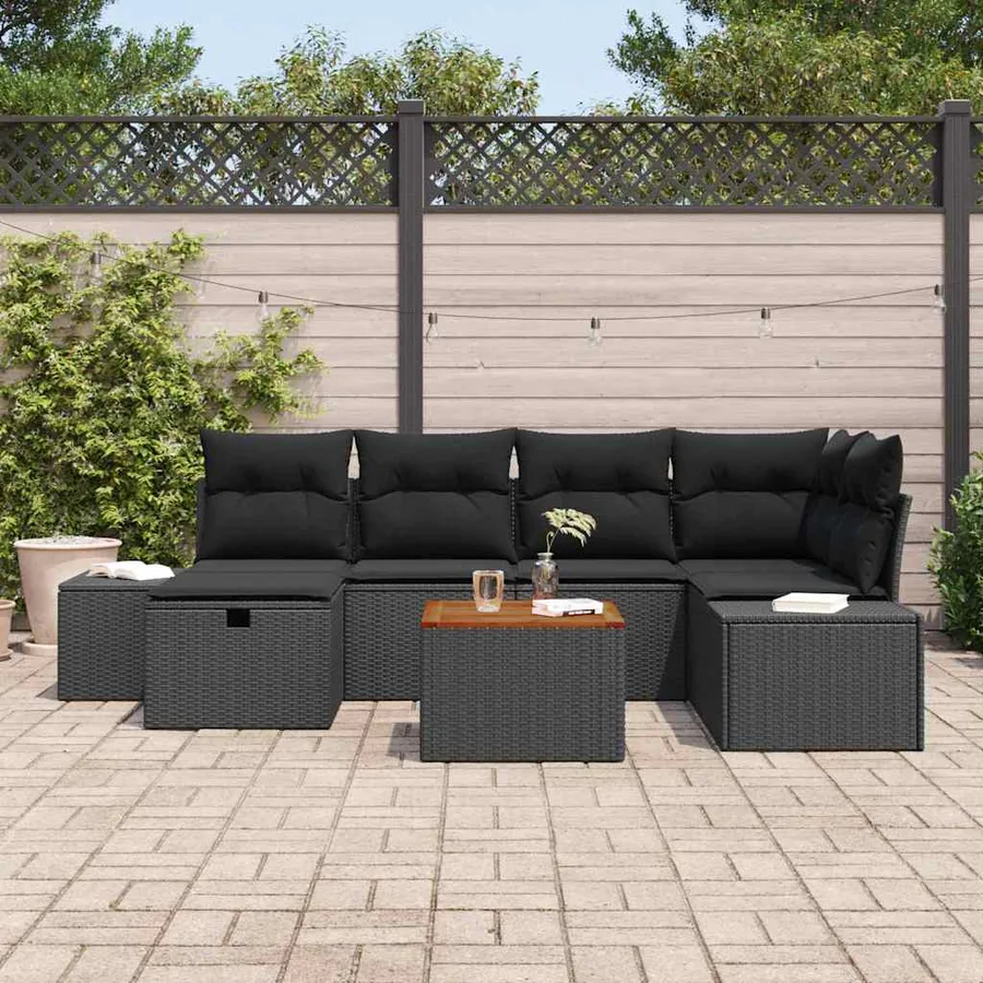 Ensemble de canapé de jardin avec coussin 7 pcs Noir polyrotin - 3