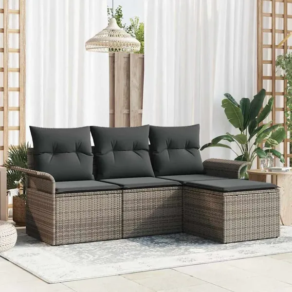 Ensemble de Canapés avec coussin 4 pcs Gris polyrotin