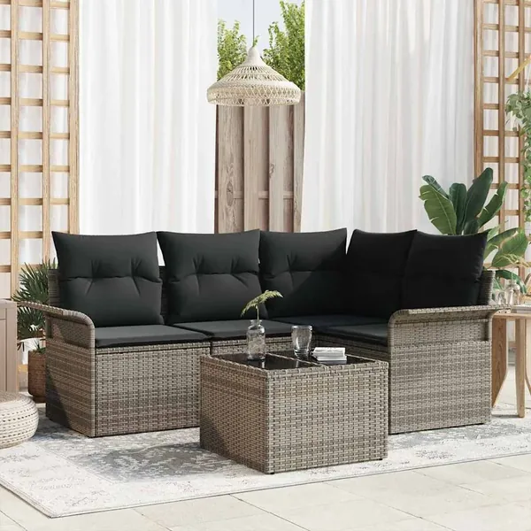 Ensemble de canapé de jardin avec coussin 5 pcs Gris polyrotin