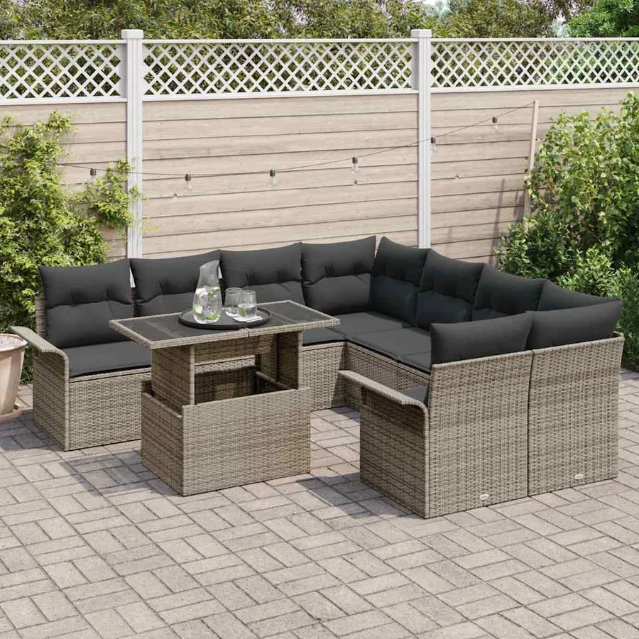 Ensemble de canapé de jardin avec coussin 9 pcs Gris polyrotin - 3