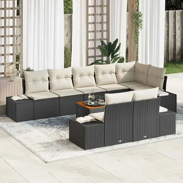 Ensemble de canapé de jardin avec coussin 9 pcs Noir polyrotin