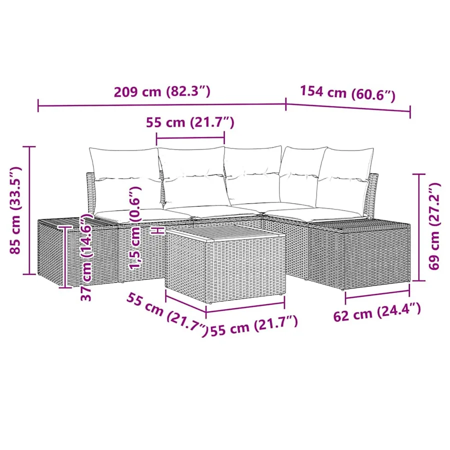Ensemble de canapé de jardin avec coussin 5 pcs Noir polyrotin - 9