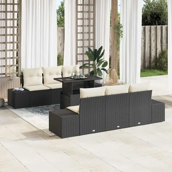 Ensemble de Canapés avec coussin 7 pcs Noir et Crème polyrotin