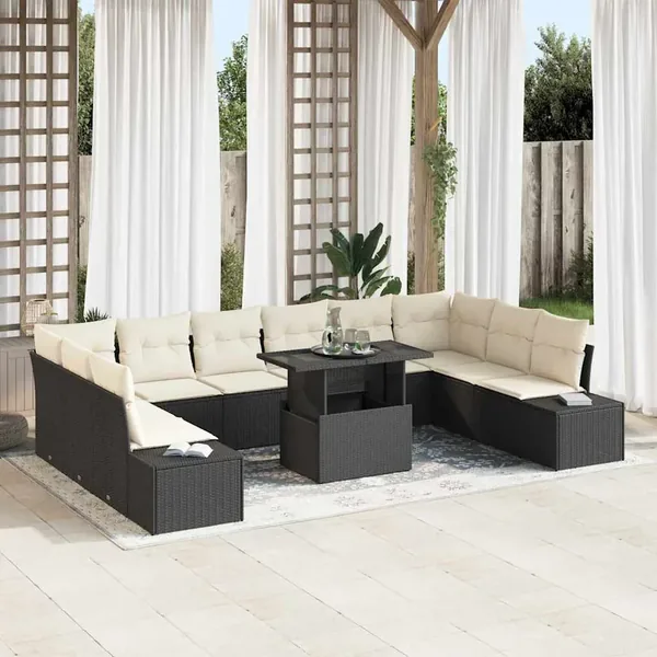 Ensemble de canapé de jardin avec coussin 11 pcs Noir et crème