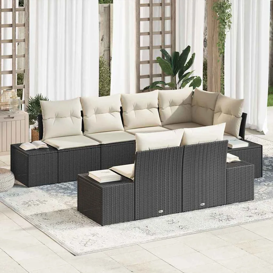 Ensemble de canapé de jardin 7 pcs Noir et Crème polyrotin