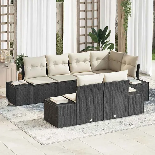 Ensemble de canapé de jardin 7 pcs Noir et Crème polyrotin