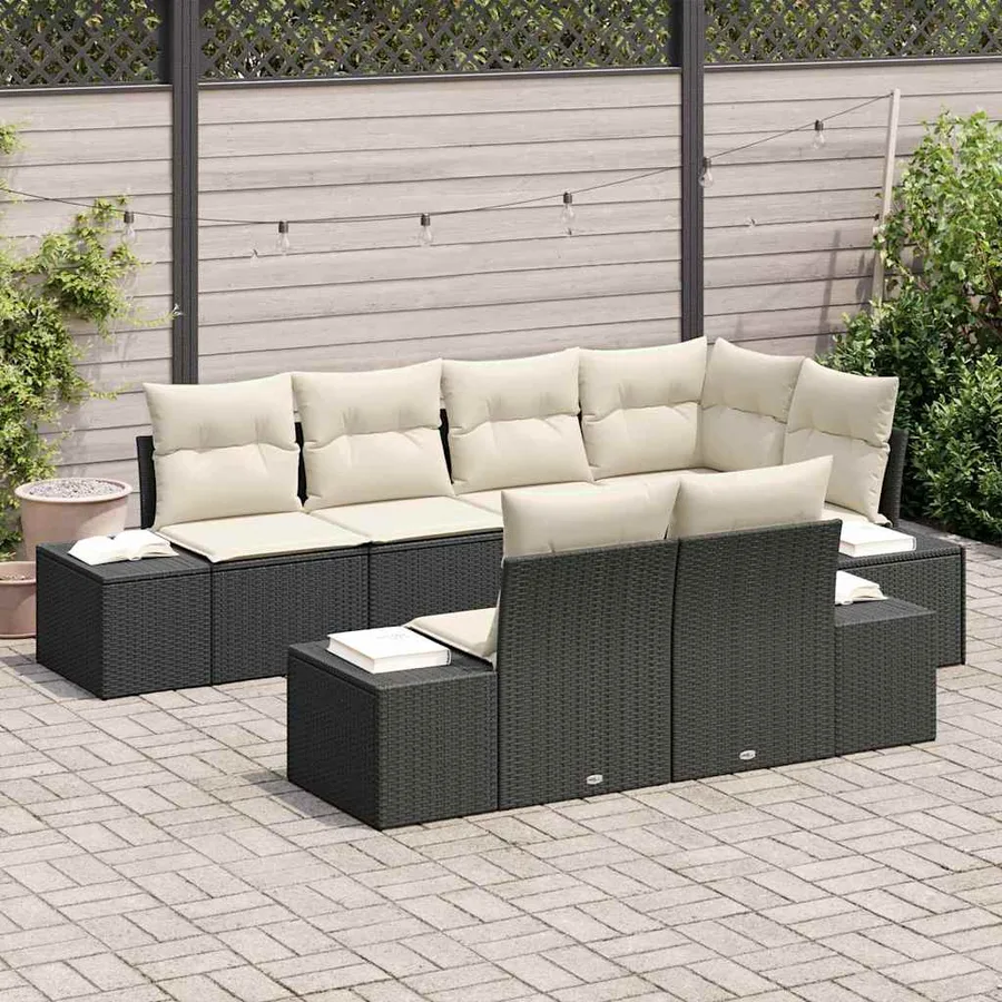 Ensemble de canapé de jardin 7 pcs Noir et Crème polyrotin - 3