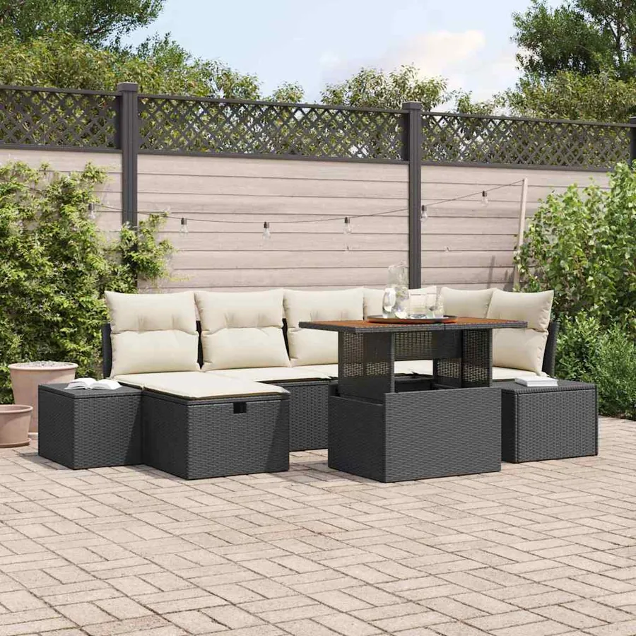 Ensemble de canapé de jardin avec coussin 7 pcs Noir polyrotin
