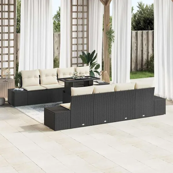 Ensemble de canapé de jardin 9 pcs Noir et Crème polyrotin