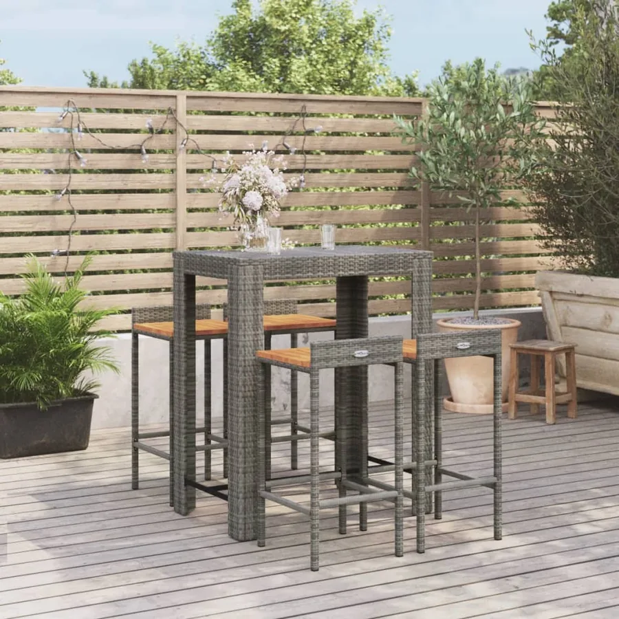 Ensemble de bar jardin 5 pcs gris poly rotin/bois massif acacia