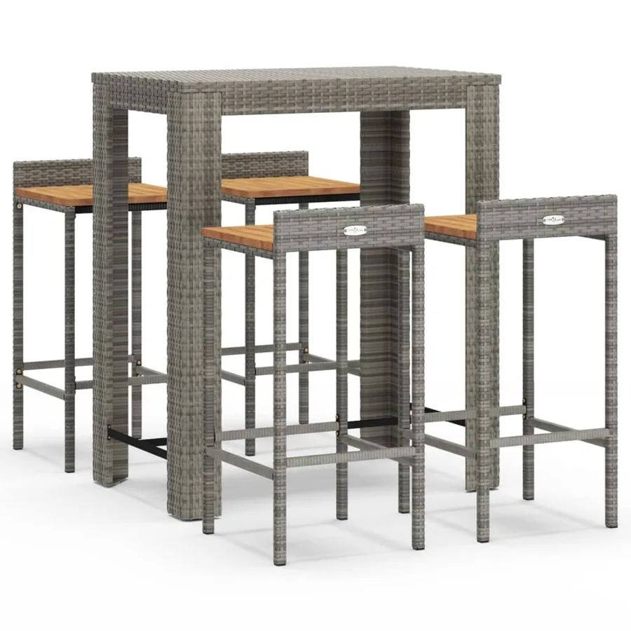 Ensemble de bar jardin 5 pcs gris poly rotin/bois massif acacia - 2