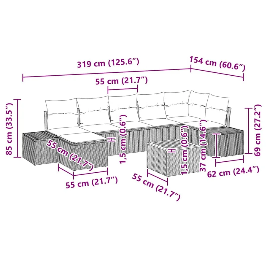 Ensemble de canapé de jardin avec coussin 8 pcs Gris polyrotin - 8