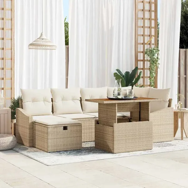 Ensemble de canapé de jardin 7 pcs Beige polyrotin