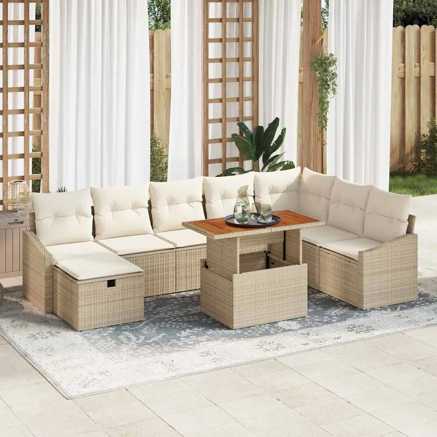 Ensemble de canapé de jardin 9 pcs Beige polyrotin