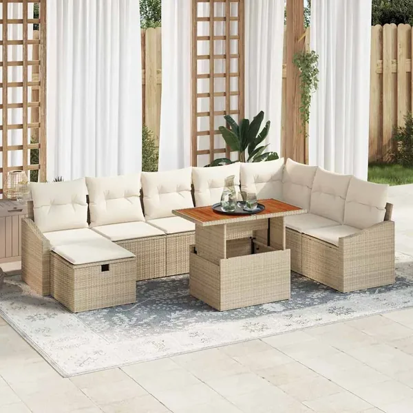 Ensemble de canapé de jardin 9 pcs Beige polyrotin