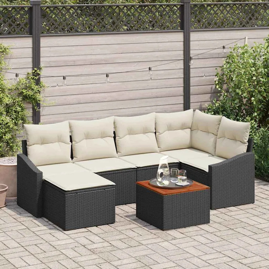 Ensemble de canapé de jardin 7 pcs Noir et Crème polyrotin