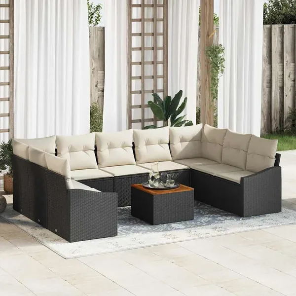 Ensemble de canapé de jardin 10 pcs Noir et Crème polyrotin