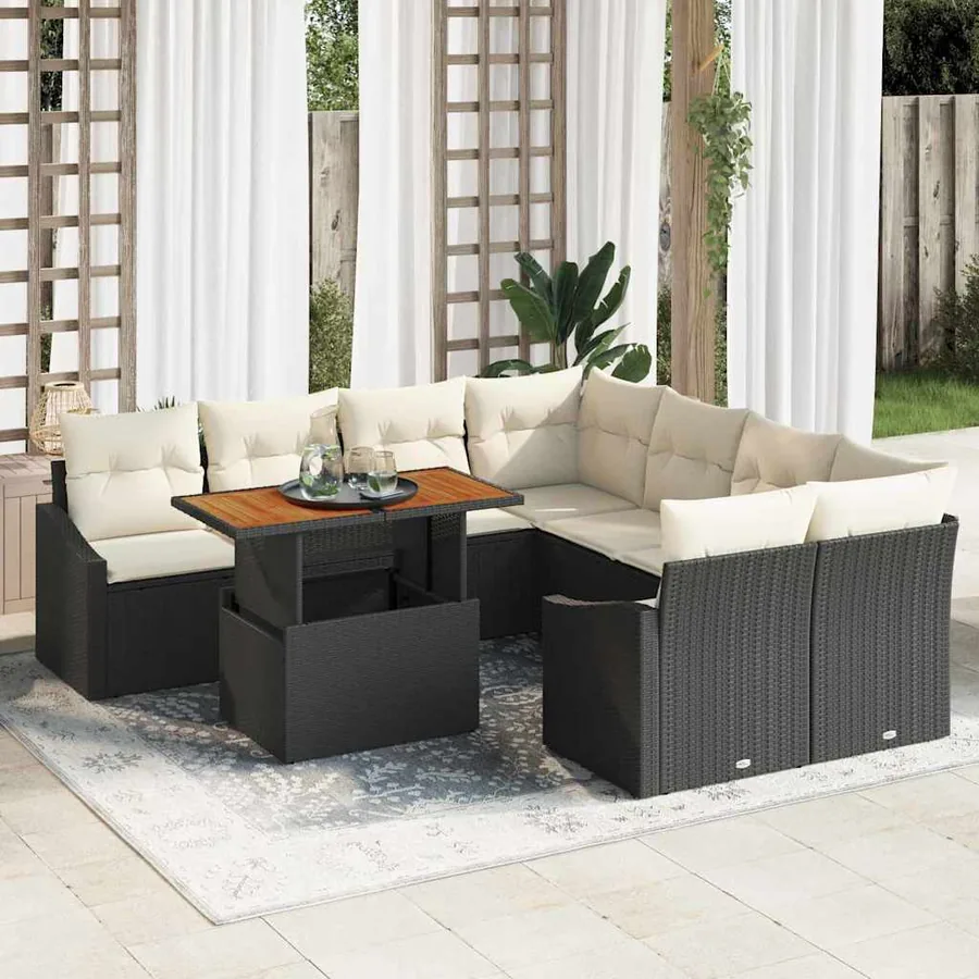 Ensemble de canapé de jardin 9 pcs Noir Poly rotin