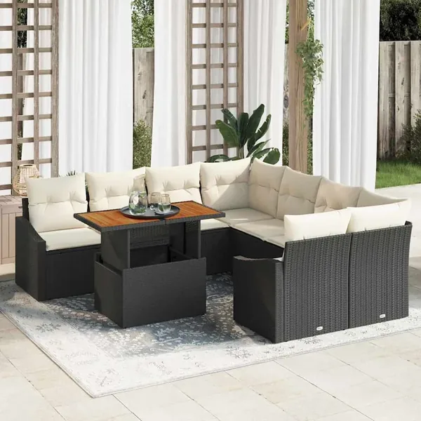 Ensemble de canapé de jardin 9 pcs Noir Poly rotin