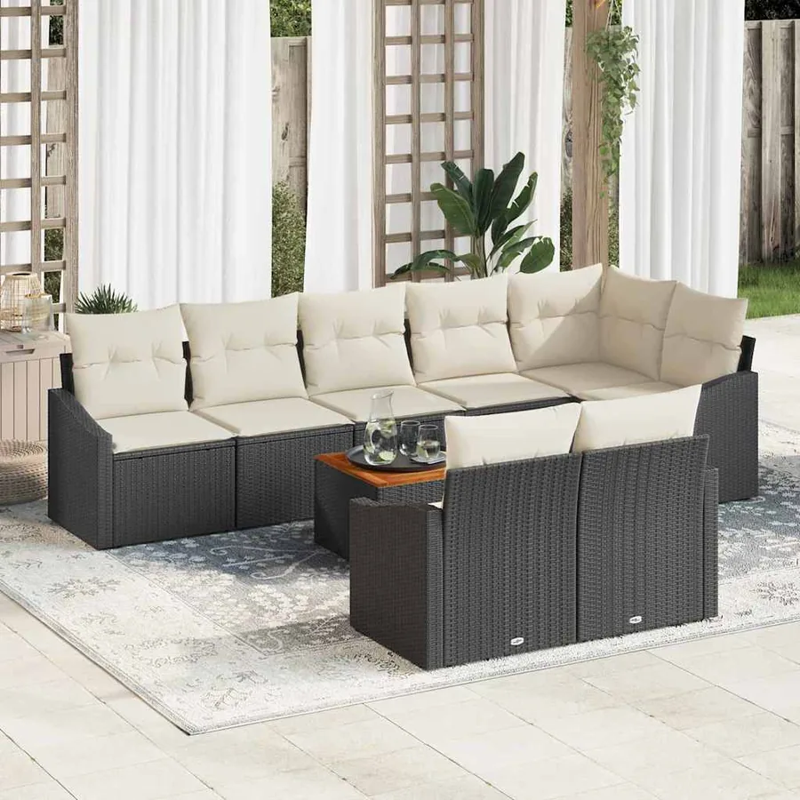 Ensemble de canapé de jardin 9 pcs Noir et Crème polyrotin