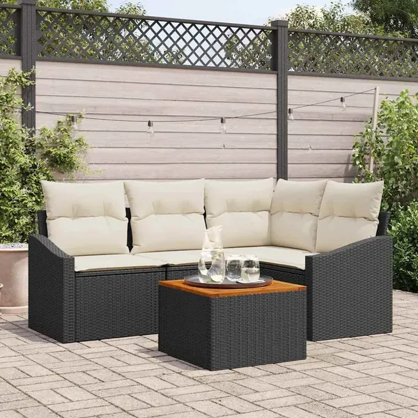 Ensemble de canapé de jardin 5 pcs Noir et Crème polyrotin