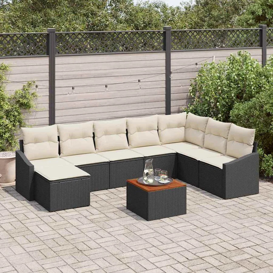 Ensemble de canapé de jardin 9 pcs Noir et Crème polyrotin