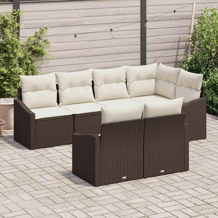 Ensemble de canapé de jardin 7 pcs Marron et blanc polyrotin - 3