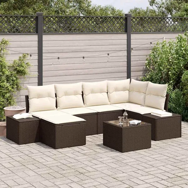 Ensemble de canapé de jardin 7 pcs Marron et Crème polyrotin