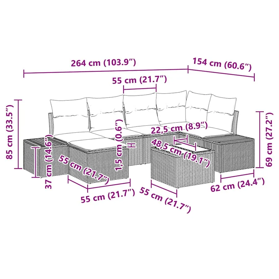 Ensemble de canapé de jardin 7 pcs Marron et Crème polyrotin - 10
