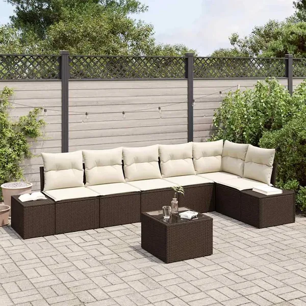 Ensemble de canapé de jardin 7 pcs Marron et Crème polyrotin