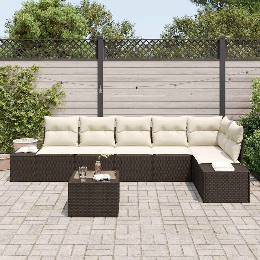 Ensemble de canapé de jardin 7 pcs Marron et Crème polyrotin - 3