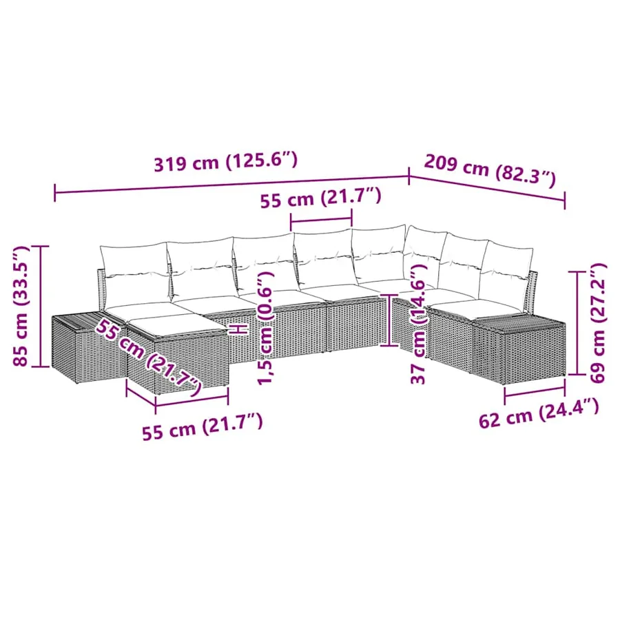 Ensemble de canapé de jardin avec coussin 8 pcs polyrotin - 9