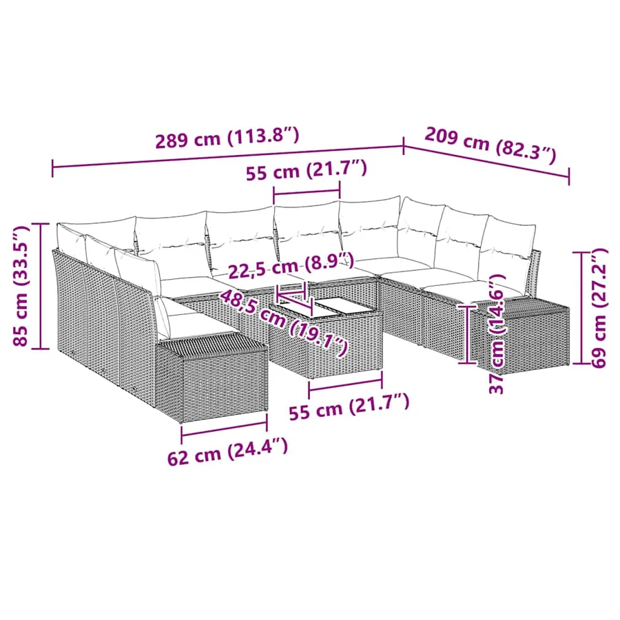 Ensemble de canapé de jardin 10 pcs Marron polyrotin - 9