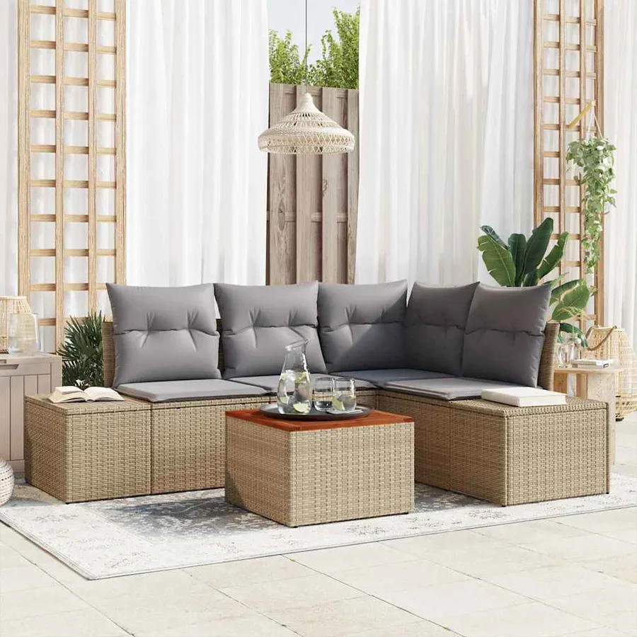 Ensemble de canapé de jardin avec coussin 5 pcs Beige polyrotin