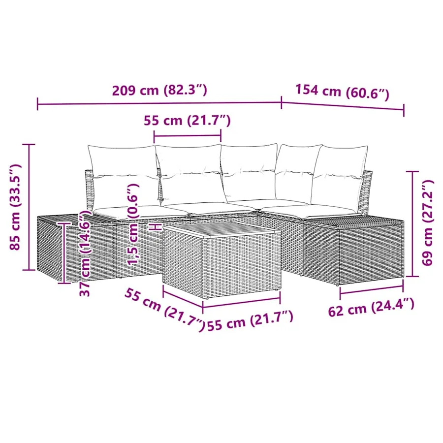 Ensemble de canapé de jardin avec coussin 5 pcs Beige polyrotin - 9