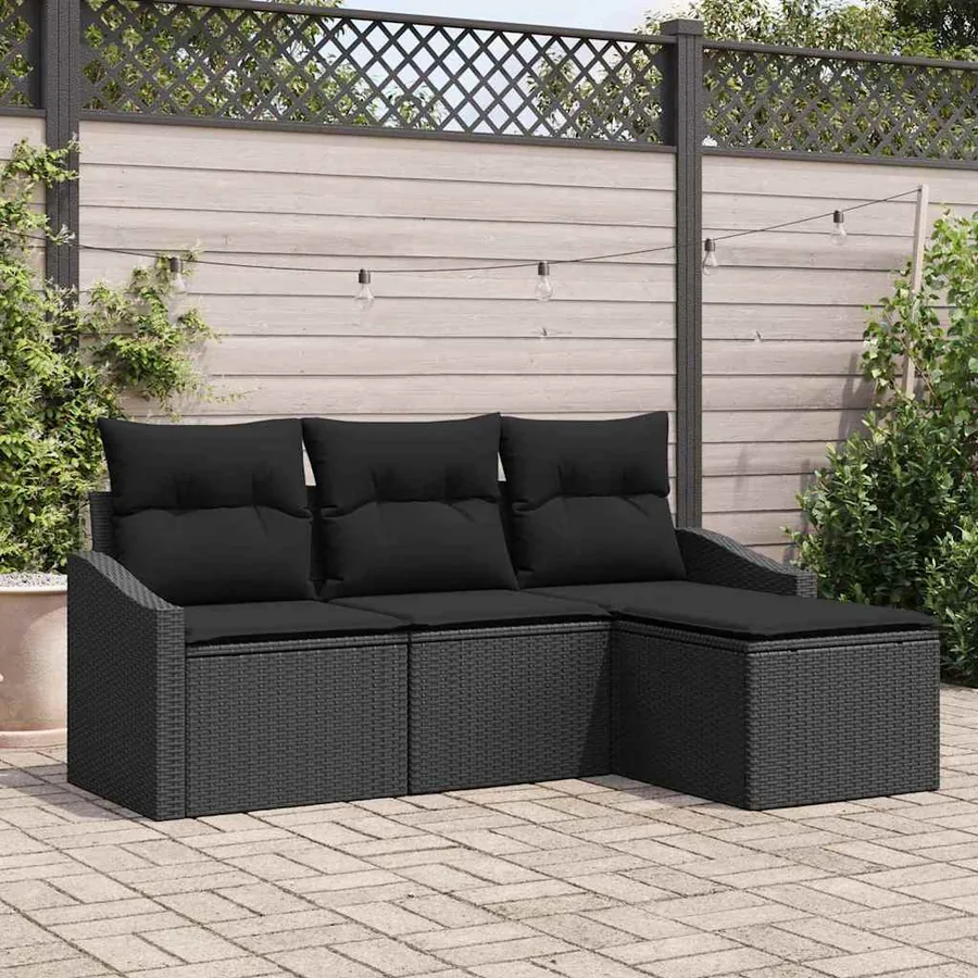 Ensemble de Canapés avec coussin 4 pcs Noir polyrotin