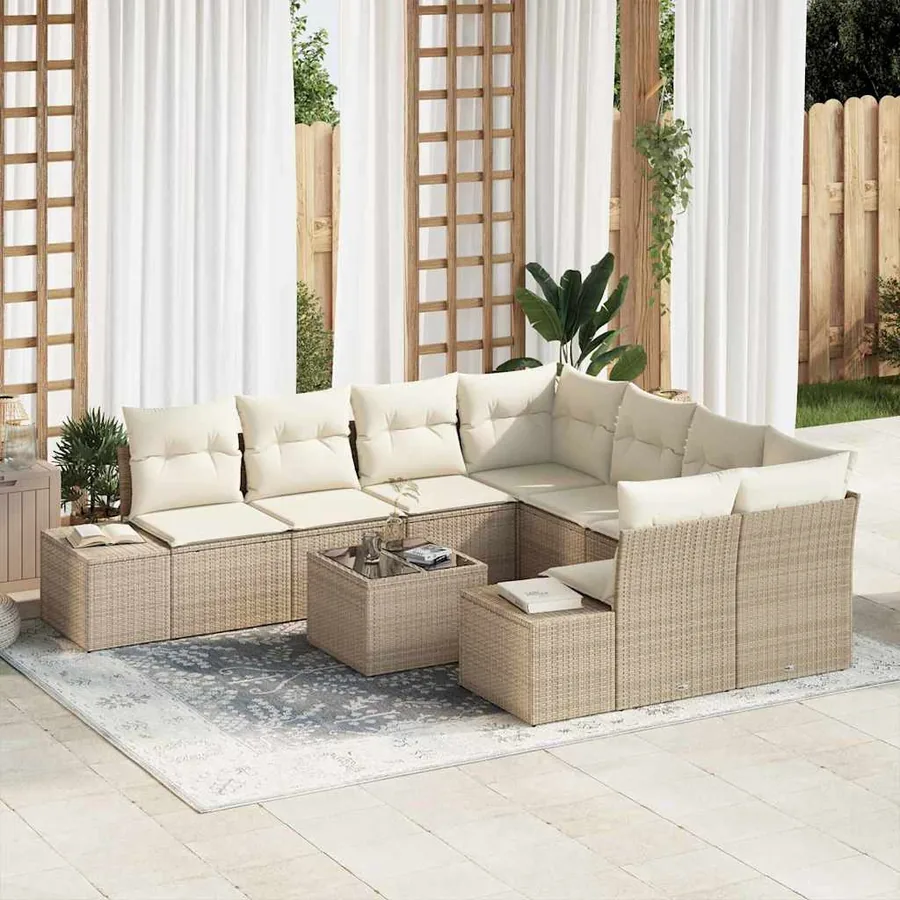 Ensemble de canapé de jardin avec coussin 9 pcs Beige polyrotin