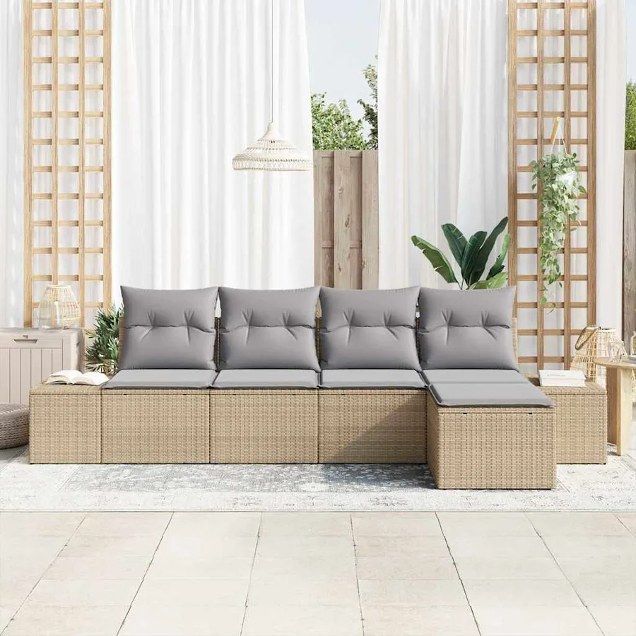 Ensemble de canapé de jardin avec coussin 5 pcs Beige polyrotin - 3