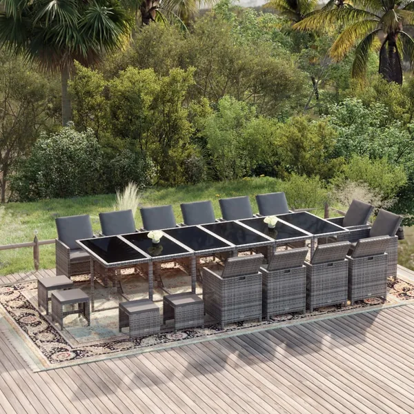 Ensemble à manger de jardin coussins 19 pcs Résine tressée Gris