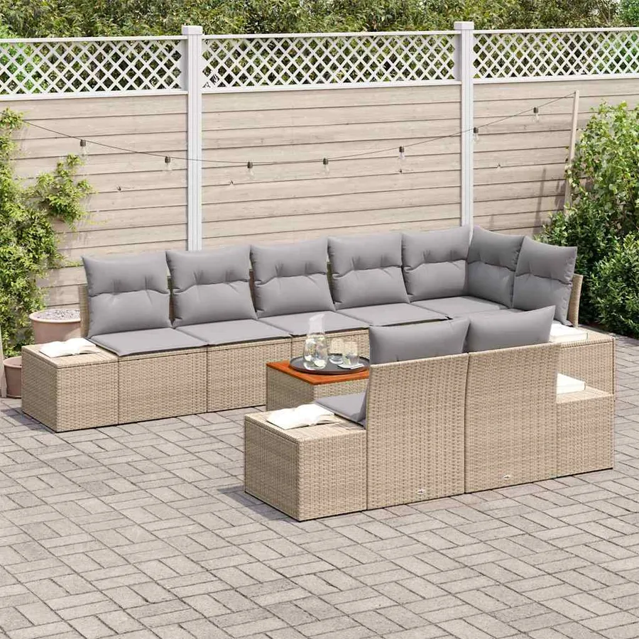 Ensemble de canapé de jardin avec coussin 9 pcs Beige polyrotin - 3