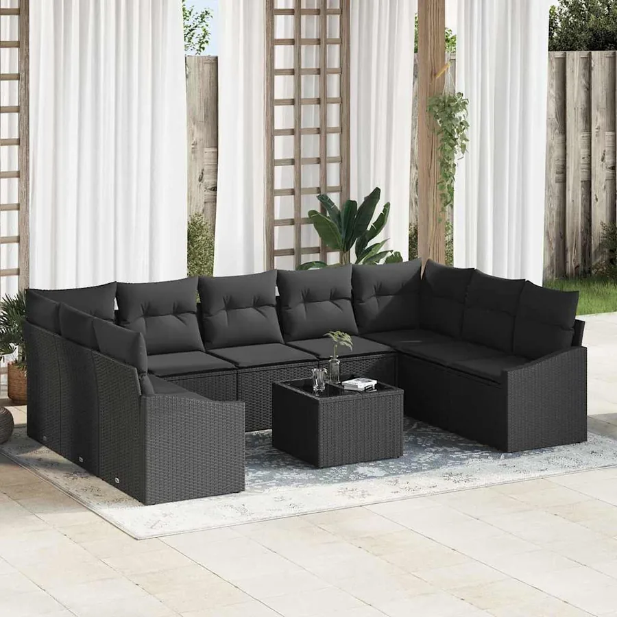 Ensemble de Canapés avec coussin 10 pcs Noir polyrotin