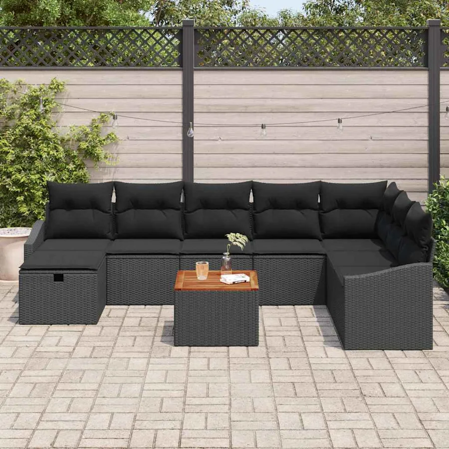 Ensemble de canapé de jardin avec coussin 9 pcs Noir polyrotin - 3