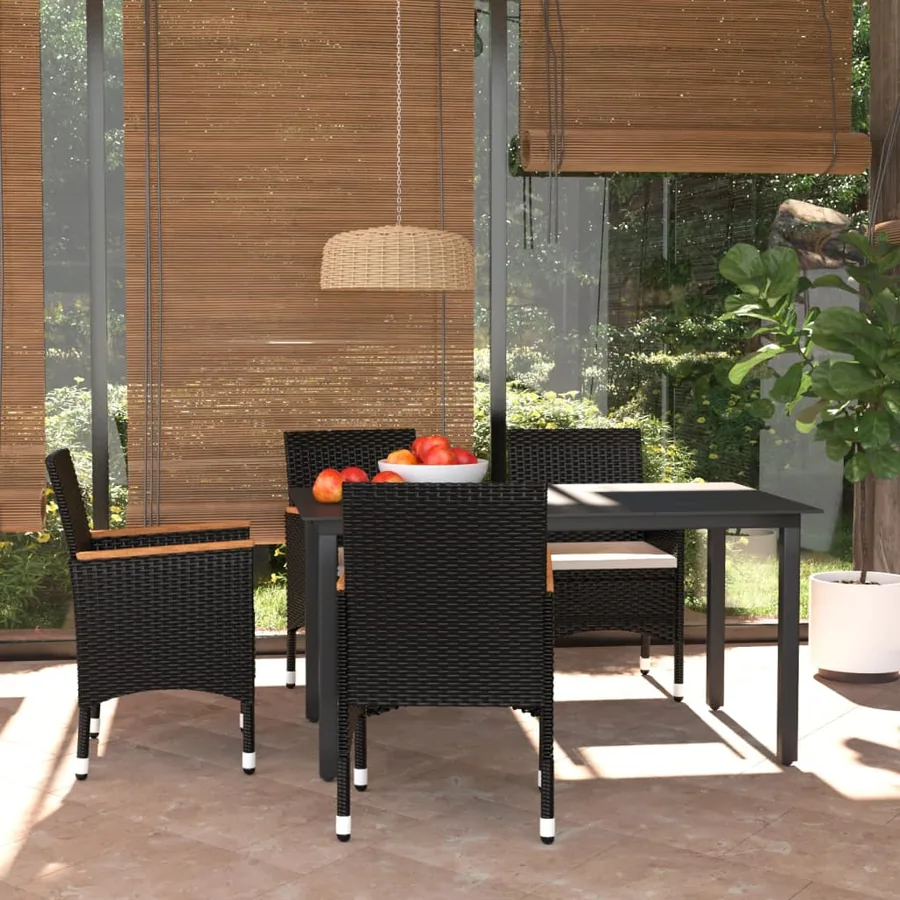 Ensemble à dîner de jardin avec coussins 5 pcs poly rotin noir