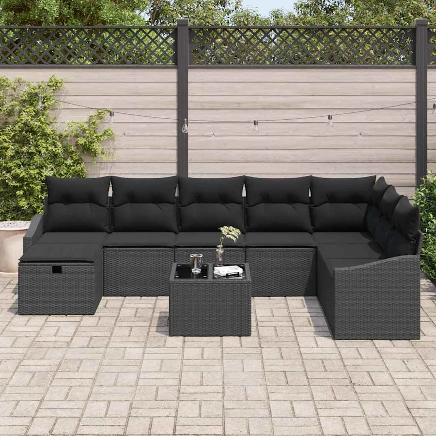 Ensemble de canapé de jardin avec coussin 9 pcs Noir Poly rotin - 3