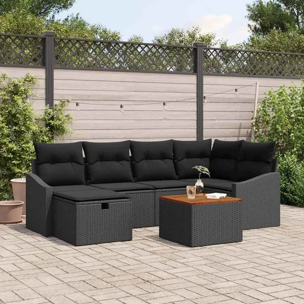 Ensemble de canapé de jardin avec coussin 7 pcs Noir polyrotin