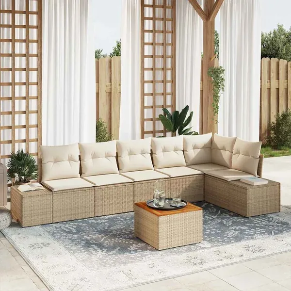 Ensemble de canapé de jardin avec coussin 7 pcs Beige polyrotin